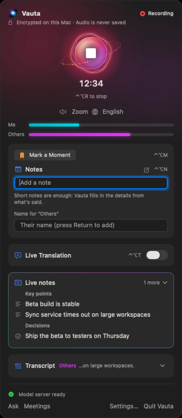 The menu-bar panel while recording: timer, audio levels for you and the others, quick notes and live notes.