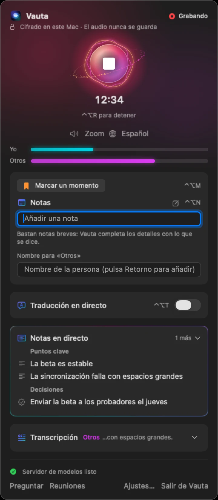 El panel de la barra de menús mientras graba: tiempo, niveles de audio tuyo y de los demás, notas rápidas y notas en directo.